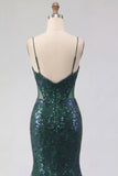 Sparkly Dark Green Mermaid Spaghetti Strap Sequin Tulle Long Prom Dress with Appliques
