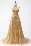 Sparkly Golden Halter A-Line Hollow Long Prom Dress with Beading