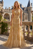 Sparkly Golden Halter A-Line Hollow Long Prom Dress with Beading