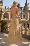 Sparkly Golden Halter A-Line Hollow Long Prom Dress with Beading