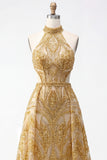 Sparkly Golden Halter A-Line Hollow Long Prom Dress with Beading