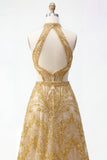 Sparkly Golden Halter A-Line Hollow Long Prom Dress with Beading