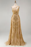 Sparkly Golden Mermaid One Shoulder Beaded Long Prom Dress with Chapel Train