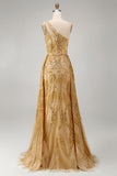 Sparkly Golden Mermaid One Shoulder Beaded Long Prom Dress with Chapel Train