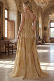 Sparkly Golden Mermaid One Shoulder Beaded Long Prom Dress with Chapel Train
