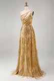 Sparkly Golden Mermaid One Shoulder Beaded Long Prom Dress with Chapel Train