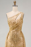 Sparkly Golden Mermaid One Shoulder Beaded Long Prom Dress with Chapel Train