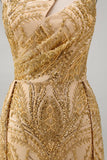 Sparkly Golden Mermaid One Shoulder Beaded Long Prom Dress with Chapel Train
