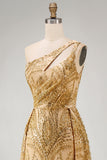 Sparkly Golden Mermaid One Shoulder Beaded Long Prom Dress with Chapel Train