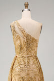 Sparkly Golden Mermaid One Shoulder Beaded Long Prom Dress with Chapel Train