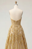 Sparkly Golden Sweetheart Bodycon Corset Beaded Mini Prom Dress with Ruffles Chapel Train