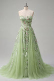 Strapless Green Floral Embroidered A-Line Tulle Prom Dress