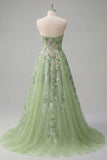 Strapless Green Floral Embroidered A-Line Tulle Prom Dress