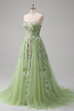 Strapless Green Floral Embroidered A-Line Tulle Prom Dress