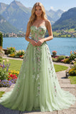 Strapless Green Floral Embroidered A-Line Tulle Prom Dress