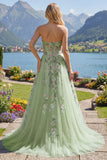 Strapless Green Floral Embroidered A-Line Tulle Prom Dress