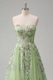 Strapless Green Floral Embroidered A-Line Tulle Prom Dress