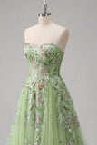 Strapless Green Floral Embroidered A-Line Tulle Prom Dress