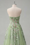 Strapless Green Floral Embroidered A-Line Tulle Prom Dress