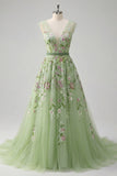 Green V-Neck Floral Embroidered A-Line Tulle Prom Dress
