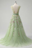 Green V-Neck Floral Embroidered A-Line Tulle Prom Dress
