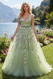 Green V-Neck Floral Embroidered A-Line Tulle Prom Dress