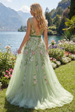 Green V-Neck Floral Embroidered A-Line Tulle Prom Dress