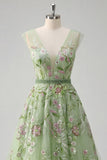 Green V-Neck Floral Embroidered A-Line Tulle Prom Dress