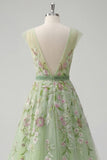 Green V-Neck Floral Embroidered A-Line Tulle Prom Dress