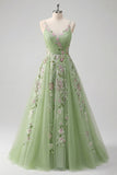 Green Spaghetti Straps Floral A Line Tulle Prom Dress