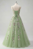 Green Spaghetti Straps Floral A Line Tulle Prom Dress