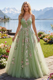 Green Spaghetti Straps Floral A Line Tulle Prom Dress