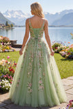 Green Spaghetti Straps Floral A Line Tulle Prom Dress