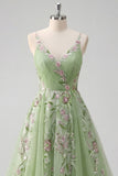 Green Spaghetti Straps Floral A Line Tulle Prom Dress