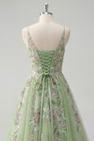 Green Spaghetti Straps Floral A Line Tulle Prom Dress