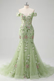 Off The Shoulder Green Mermaid Embroidered Tulle Prom Dress
