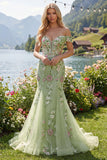 Off The Shoulder Green Mermaid Embroidered Tulle Prom Dress