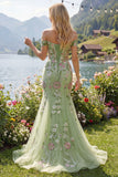 Off The Shoulder Green Mermaid Embroidered Tulle Prom Dress