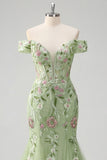 Off The Shoulder Green Mermaid Embroidered Tulle Prom Dress