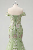 Off The Shoulder Green Mermaid Embroidered Tulle Prom Dress