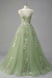 Green Floral Bateau Neck A Line Appliqued Prom Dress