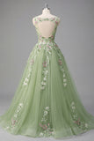 Green Floral Bateau Neck A Line Appliqued Prom Dress