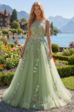 Green Floral Bateau Neck A Line Appliqued Prom Dress