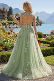 Green Floral Bateau Neck A Line Appliqued Prom Dress