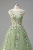 Green Floral Bateau Neck A Line Appliqued Prom Dress