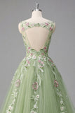 Green Floral Bateau Neck A Line Appliqued Prom Dress