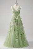 Green Floral V Neck A Line Appliqued Prom Dress
