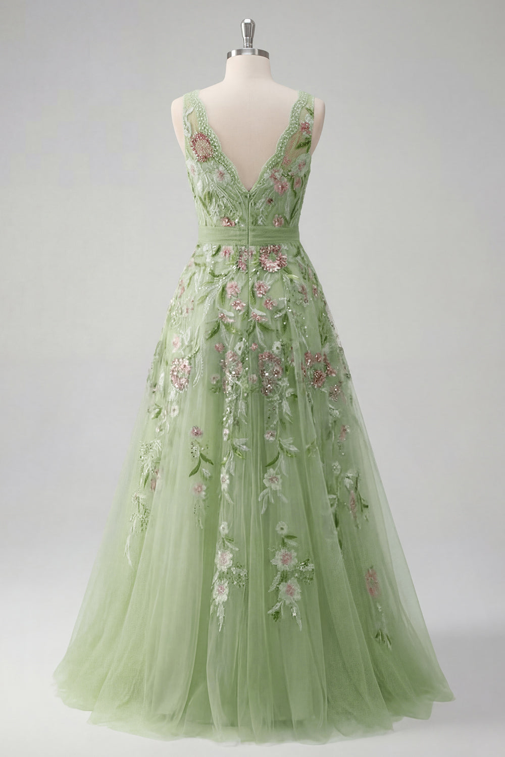 ZAPAKA Women Green Prom Dress A Line V Neck Appliqued Tulle Long