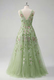 Green Floral V Neck A Line Appliqued Prom Dress