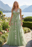 Green Floral V Neck A Line Appliqued Prom Dress